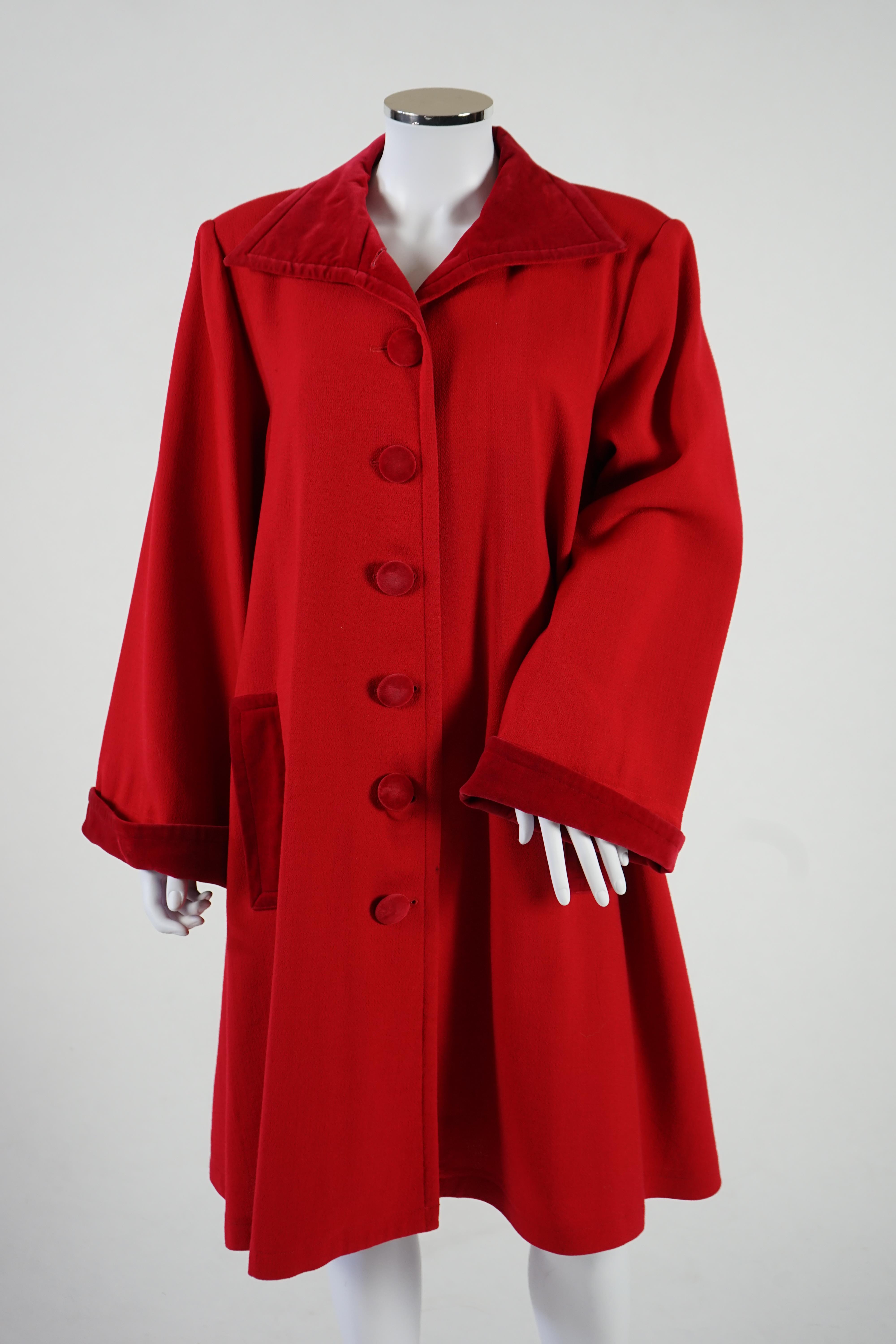 A vintage Yves Saint Laurent variation lady's red wool coat with velvet trim, F 40 (UK 12). Proceeds to Happy Paws Puppy Rescue
